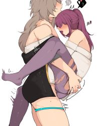  2girls absurdres ahegao arnkun blush clothed_sex futa_with_female futanari grey_hair hair_over_eyes heart highres honkai:_star_rail honkai_(series) implied_futanari kafka_(honkai:_star_rail) multiple_girls off-shoulder_shirt off_shoulder pantyhose purple_hair purple_pantyhose sex shirt spoken_heart stelle_(honkai:_star_rail) suspended_congress sweat torn_clothes torn_pantyhose trailblazer_(honkai:_star_rail) 