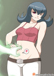  1girl arm_behind_back bare_shoulders breasts cleavage crop_top denim female_focus glowing gym_leader heart midriff navel navel_fingering navel_insertion navellunatic nintendo npc_trainer pants pokemon pokemon_hgss red_eyes sabrina_(pokemon) simple_background solo speech_bubble spoken_heart sweatdrop white_background  rating:Questionable score:48 user:annonable