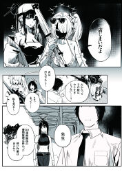  1boy 3girls absurdres bare_arms bare_shoulders baseball_cap bikini blue_archive breasts cleavage comiket_106 commentary_request flower greyscale hair_flower hair_ornament halo hat highres hiyori_(blue_archive) hiyori_(swimsuit)_(blue_archive) j._(anonymousarts) jacket large_breasts long_hair misaki_(blue_archive) monochrome multiple_girls navel necktie no_eyes official_alternate_costume official_alternate_hairstyle ponytail saori_(blue_archive) saori_(swimsuit)_(blue_archive) scarf shirt side_ponytail sports_bra stomach sunglasses swimsuit tank_top translation_request 