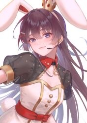  1girl absurdres animal_ears belt black_hair black_sleeves blue_eyes breasts cleavage cleavage_cutout closed_mouth clothing_cutout collared_dress commentary_request crescent_pendant crown dress ear_through_crown fake_animal_ears fake_tail gold_trim hair_ornament hairpin headset highres jewelry lips long_hair looking_at_viewer mini_crown multiple_hairpins nijisanji pendant puffy_short_sleeves puffy_sleeves rabbit_ears rabbit_tail red_belt see-through_clothes see-through_sleeves short_sleeves simple_background small_breasts smile solo tail tsukino_mito tsukino_mito_(bunny_idol) upper_body usasuzu very_long_hair virtual_youtuber white_background white_dress 