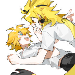  2boys ahoge aotu_world bishounen black_hairband black_shorts blonde_hair blue_eyes blush boy_on_top chinese_commentary collared_shirt earrings eye_contact facial_mark godrose_(aotu_world) hair_between_eyes hairband hand_on_another&#039;s_face jewelry king_(aotu_world) long_hair looking_at_another lying male_focus multiple_boys on_back open_mouth pointy_ears shirt short_hair short_sleeves shorts simple_background smile star_(symbol) teeth tiantianxiangshang89404 white_background white_shirt yaoi yellow_eyes 