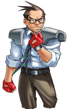  1boy absurdres adjusting_collar armor balding belt brown_hair clenched_hand collared_shirt edaki_shin&#039;ya fingerless_gloves game_cg glasses gloves highres justice_gakuen looking_to_the_side male_focus moero!_justice_gakuen necktie non-web_source official_art pants red_gloves shimazu_hideo shirt shoulder_armor simple_background sleeves_rolled_up solo striped_necktie teacher watch white_background wristwatch 