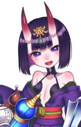  1girl absurdres bare_shoulders blush breasts commentary_request fangs fate/grand_order fate_(series) gourd headpiece highres horns japanese_clothes kimono looking_at_viewer oni open_mouth purple_eyes purple_hair purple_kimono short_hair shuten_douji_(fate) skin-covered_horns small_breasts smile solo tsugumokei 