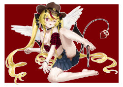  1girl agemmata alternate_costume alternate_hairstyle alternative_version_available anus anus_peek black_bow black_horns black_panties blonde_hair bow breasts crossed_bangs demon_tail feathered_wings feet frilled_skirt frills full_body hair_between_eyes hair_bow hair_ornament hair_spread_out hairclip highres horns long_sidelocks lying multicolored_hair nail_polish navel nipples no_panties one_eye_closed one_leg_raised panties panties_around_toe phase_connect pointy_ears red_background red_bow red_eyes red_hair remilia_nephys sidelocks skirt solo spread_toes streaked_hair tail tail_ornament toe-point toenail_polish toenails toes tongue tongue_out underwear very_long_sidelocks virtual_youtuber white_wings wiggling_toes wings wink  rating:Questionable score:12 user:Nao