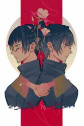  2girls absurdres black_hair black_jacket brown_eyes buttons closed_mouth cropped_torso flower from_side glasses handshake hanlutt high_ponytail highres jacket jujutsu_kaisen jujutsu_tech_uniform multiple_girls pink_flower ponytail short_hair two-tone_background zen&#039;in_maki zenin_mai  rating:General score:2 user:danbooru
