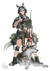  1girl absurdres ahoge american_flag ammunition_pouch animal animal_ear_fluff animal_ears assault_rifle black_hair blue_eyes body_armor bulletproof_vest camouflage combat_helmet commission cyberpunk dog fast_helmet full_body general_dynamics_ngsw glasses gun helmet highres holding holding_animal holding_dog holding_leash holding_removed_eyewear ko_winters leash load_bearing_vest looking_at_viewer military_combat_uniform military_operator military_uniform mole mole_under_eye multicolored_hair non-web_source optical_sight original pet pouch rifle round_eyewear smug solo standing streaked_hair tactical_clothes tail third-party_source unworn_eyewear utsuda walkie-talkie weapon white_hair wolf_ears wolf_girl wolf_tail 