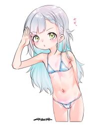  1girl :o bikini blue_bikini blue_hair green_eyes highres loli mudou_eichi navel original salute skinny solo stomach swimsuit thighs white_hair 