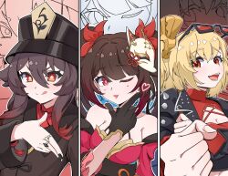  3girls :d :q absurdres bare_shoulders black_gloves black_hat black_nails black_sash black_shirt blonde_hair breasts brown_hair burnice_white cleavage clenched_hand column_lineup driptaku eyewear_on_head facial_mark genshin_impact gloves hat highres honkai:_star_rail honkai_(series) hu_tao_(genshin_impact) jewelry long_hair looking_at_viewer mark_under_eye mask mask_on_head mihoyo multiple_girls nail_polish obi open_mouth red_eyes ring sash shirt smile sparkle_(honkai:_star_rail) sunglasses tongue tongue_out zenless_zone_zero 