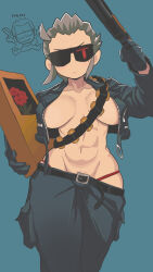  1girl abs belt breasts breasts_apart commentary cropped_jacket female_pubic_hair flower gashi-gashi genderswap genderswap_(mtf) gloves gluteal_fold gun head_tilt highres holding holding_gun holding_weapon jacket large_breasts looking_at_viewer navel open_clothes open_jacket panties pubic_hair rose short_hair sidelocks simple_background solo sunglasses symbol-only_commentary t-800 terminator_(series) terminator_2:_judgment_day thigh_gap underwear weapon 