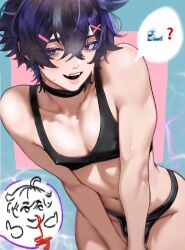 1boy black_choker black_panties bulge character_request choker collarbone commentary copyright_request drifting_crane english_commentary girly_boy hair_between_eyes hair_ornament heart looking_at_viewer male_focus navel panties pectorals purple_hair red_pupils smile solo spoken_emoji sweat teeth thighs underwear upper_teeth_only x_hair_ornament 