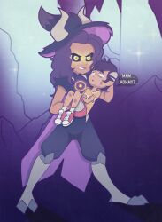  1boy 1girl alternate_universe black_sclera claws colored_sclera commentary dark-skinned_female dark_skin demon_girl demon_horns english_commentary english_text eyebrow_cut highres horns horns_through_headwear injury kinggargantuas luz_noceda luz_noceda_(titan) mother_and_son protecting shadow speech_bubble the_owl_house yellow_eyes 