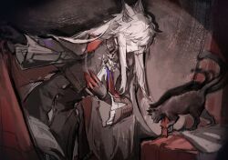 1girl aiguillette animal_ear_fluff animal_ears arknights black_cat bolo_tie bow bowing buttons cape cat closed_eyes curtains gradient_necktie grey_hair grey_tail high-waist_skirt highres lappland_(arknights) lappland_the_decadenza_(arknights) miss_christine_(arknights) multiple_tails necktie ningjiu_9 red_bow red_cape sidelocks single_shoulder_pad skirt tail two-tone_necktie two_tails wolf_brooch wolf_ears wolf_girl wolf_tail 