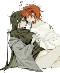  2girls akechisu1 black_eyes black_hair black_sweater braid coat fang genderswap genderswap_(mtf) grey_jacket highres holding_hands jacket lab_coat long_hair looking_at_another maeno_aki multiple_girls no_pants off_shoulder pale_skin panties red_eyes red_hair shirt short_hair side_braid simple_background single_braid sweater t-shirt tank_top tsugino_haru turtleneck turtleneck_sweater underwear white_background white_coat white_panties white_shirt yuri zeno_(game) 