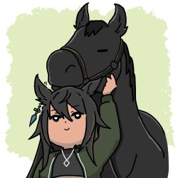  1girl animal_ear_fluff animal_ears black_hair black_tank_top bridle commentary_request creature_and_personification dark-skinned_female dark_skin earrings green_background hair_between_eyes highres horse horse_ears horse_girl jewelry long_hair motion_lines necklace nuzzle personification real_life sidelocks single_earring symboli_kris_s_(racehorse) symboli_kris_s_(umamusume) takadano_paka tank_top umamusume 