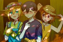  3boys antenna_hair arms_up bailan1130 basil_(faraway)_(omori) basil_(omori) black_hair black_shirt blonde_hair blue_eyes blue_overalls blush bright_pupils brown_eyes brown_hair brown_hat closed_eyes collarbone gardening_shears green_shirt hat highres kel_(faraway)_(omori) kel_(omori) looking_at_another male_focus multiple_boys omori open_mouth orange_tank_top overalls shirt short_sleeves smile sun_hat sunny_(omori) sweat t-shirt tank_top teeth upper_teeth_only white_pupils 