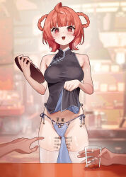  1girl 2boys absurdres ahoge blue_panties blurry blurry_background blush body_writing bow bow_panties braid braided_hair_rings breasts china_dress chinese_clothes clothes_lift collarbone commentary_request covered_erect_nipples cowboy_shot crotch_seam cup dress dress_lift glass hair_rings highres holding holding_cup holding_tray indoors kuroi_suna large_breasts legs_apart lifting_own_clothes looking_at_viewer multiple_boys no_bra open_mouth original out_of_frame panties pointing raised_eyebrows red_eyes red_hair restaurant short_hair side-tie_panties sleeveless sleeveless_dress smile standing straight-on table thighhighs translation_request tray underwear waitress water white_thighhighs 