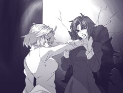  2girls ahoge angry arcueid_brunestud blood blood_on_mouth breasts buskhusker ciel_(tsukihime) fighting highres implied_after_fight looking_at_viewer monochrome multiple_girls nun redrawn scene_reference short_hair sideboob strangling struggling sweater tsukihime tunic turtleneck turtleneck_sweater type-moon 