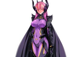  1girl armor assault_visor bodysuit breasts cape corruption covered_erect_nipples covered_navel cowboy_shot dark_persona dark_reica fake_horns game_cg gentle_sasaki helmet horned_helmet horns large_breasts large_variant_set long_hair looking_at_viewer non-web_source official_art pink_hair purple_bodysuit shindou_hatsune skin_tight solo soukou_senki_prism_reica transparent_background variant_set 