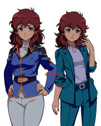  1girl amuro_ray aqua_jacket aqua_pants artist_name belt black_belt blue_eyes blue_jacket breasts brown_hair char&#039;s_counterattack closed_mouth commentary_request cowboy_shot earth_federation_space_forces formal_clothes genderswap genderswap_(mtf) gundam hand_up hands_on_own_hips highres jacket long_hair looking_at_viewer military_uniform multiple_views pant_suit pants parted_lips purple_shirt shirt simple_background small_breasts suit sweatdrop twitter_username white_background white_pants white_shirt yy0880yy 