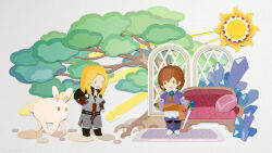  2girls armored_boots black_boots black_shirt blonde_hair blue_gloves bonsai boots brown_eyes brown_hair brown_sash character_request cobblestone collared_shirt couch crystal diamond_earrings earrings fantasy full_body gloves grey_background grey_eyes grey_tunic hair_between_eyes happy high_collar highres holding holding_sword holding_weapon jane_mere jewelry long_hair long_sleeves medium_hair multiple_girls open_mouth pants pixiv_fantasia pixiv_fantasia_sword_regalia purple_boots purple_tunic rabbit sash shirt smile solid_oval_eyes sun sword thigh_boots tree tunic waist_sash weapon white_pants white_shirt 