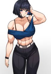 abs absurdres belt black_hair blue_eyes breasts choker cromwellb highres hololive hololive_english large_breasts muscular muscular_female ouro_kronii simple_background spaghetti_strap toned virtual_youtuber rating:Sensitive score:93 user:danbooru