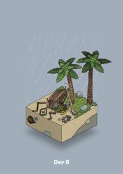 beach bird boat boulder commentary_request crab diorama food fruit gozz grey_background highres isometric lying on_side original palm_leaf palm_tree shelter shipwreck skull sleeping sos treasure_chest tree watercraft rating:General score:2 user:danbooru