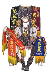  1993 1994 animal_ears asuka_(junerabitts) bandaid bandaid_on_face bandaid_on_nose black_hair black_skirt black_thighhighs boots breasts chest_sarashi commentary_request ear_ornament fingerless_gloves gloves hair_between_eyes highres holding horse_ears horse_girl horse_tail jacket long_hair long_sidelocks looking_at_viewer medium_breasts narita_brian_(umamusume) on_chair open_clothes open_jacket pink_gloves pink_skirt plaid_clothes plaid_skirt pleated_skirt ponytail rope sarashi shimenawa sidelocks simple_background single_thighhigh sitting skirt tail thighhighs umamusume white_background white_jacket 
