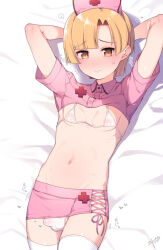  1boy bed_sheet blonde_hair blush bra bulge crossdressing hat highres legs_together lying male_focus nurse_cap nyakkuru on_back paid_reward_available panties penis penis_in_panties pink_skirt short_hair shota skirt socks solo_focus trap underwear white_panties white_socks yellow_eyes 