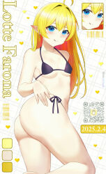  1girl :q absurdres ahoge ass bikini black_bikini black_swimsuit blonde_hair blue_eyes blush breasts closed_mouth collarbone commission commissioner_upload earrings elf heart highres jewelry long_hair looking_at_viewer lori_hagami lotte_farona official_art pointy_ears side-tie_bikini_bottom small_breasts smile solo swimsuit tongue tongue_out ways_of_darkness_(series) 