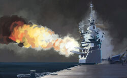 aircraft airplane anti-aircraft anti-aircraft_gun artillery battleship cloud cloudy_sky fighter_jet highres military military_vehicle mo_yu_de_jiaozi no_humans ocean original outdoors propeller_fighter range_finder ship sky smoke vehicle_focus warship watercraft