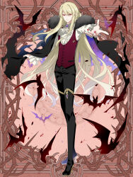  1boy ascot bat_(animal) beckoning black_boots black_cape black_pants blonde_hair boots brooch brown_background cape cape_hold closed_mouth dairoku_ryouhei frilled_sleeves frills full_body fur-trimmed_cape fur_trim gem hair_between_eyes high_heel_boots high_heels jewelry jojima_yuji l_(matador) long_hair long_sleeves looking_at_viewer male_focus nail_polish outstretched_arm pants pointy_ears purple_cape purple_gemstone red_eyes red_nails red_vest ring serious shirt sidelocks solo standing starry_sky_print thigh_boots torn_cape torn_clothes two-sided_cape two-sided_fabric v-shaped_eyebrows vampire very_long_hair vest white_ascot white_shirt 