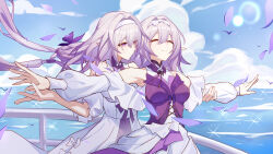  2girls ^_^ absurdres bare_shoulders blue_sky breasts castorice_(honkai:_star_rail) castorice_(the_flower_remembers)_(honkai:_star_rail) chinese_commentary closed_eyes cloud commentary cowboy_shot day dress floating_hair hairband hapwind highres honkai:_star_rail honkai_(series) long_hair long_sleeves multiple_girls parody pointy_ears polyxia_(honkai:_star_rail) polyxia_(the_flower_remembers)_(honkai:_star_rail) purple_eyes purple_hair siblings sisters sky small_breasts sparkle standing titanic_(movie) very_long_hair white_dress white_hairband 