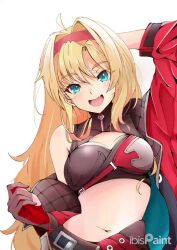  1girl ahoge animated aqua_eyes arm_behind_head belt blonde_hair blush breasts brown_shirt cleavage_cutout clothing_cutout coat commentary crop_top fang female_focus gloves granblue_fantasy hair_intakes long_hair looking_at_viewer making-of medium_breasts midriff navel official_art open_mouth pants red_coat red_gloves shirt simple_background single_bare_shoulder sketch skin_fang sleeveless sleeveless_shirt smile solo tagme toshino_niko upper_body video white_background zeta_(granblue_fantasy) zeta_(grand)_(granblue_fantasy)  rating:Sensitive score:5 user:WinDGo