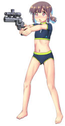  1girl :o aiming blue_hair brown_eyes brown_hair colt_python commentary_request flat_chest full_body gun handgun hase_yu holding holding_gun holding_weapon hozuki_momiji low_ponytail midriff multicolored_hair navel onii-chan_wa_oshimai! open_mouth ponytail revolver ribs scope sidelocks solo swimsuit trigger_discipline two-handed_handgun_grip two-tone_hair v-shaped_eyebrows ventilation_rib weapon 