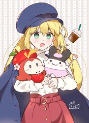  1girl apple artist_self-insert artoria_caster_(fate) artoria_pendragon_(fate) blonde_hair blouse blue_cape blue_hat blush cape crossover cup disposable_cup drinking_straw eating fate/grand_order fate_(series) food fruit fuecoco green_eyes hat holding holding_food long_hair nintendo official_alternate_costume open_mouth pokemon pokemon_(creature) pokemon_sv red_skirt shirt skirt tsuchiya_madose twintails white_shirt 