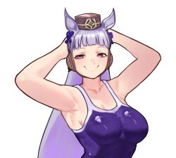  1girl absurdres animal_ears armpits arms_behind_head bare_arms blunt_bangs breasts brown_hat closed_mouth collarbone commentary english_commentary gold_ship_(umamusume) hat highres horse_ears horse_girl long_hair looking_at_viewer medium_breasts nusekiiii one-piece_swimsuit pink_eyes purple_hair purple_one-piece_swimsuit simple_background smile solo swimsuit umamusume upper_body white_background 