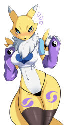  1girl animal_ears bikini black_sclera black_thighhighs blue_eyes blush body_fur breasts claws colored_sclera cosplay digimon digimon_(creature) digimon_tamers elbow_gloves facial_mark fox_ears fox_girl fox_tail furry furry_female gloves highres looking_at_viewer makino_ruki makino_ruki_(cosplay) navel neck_fur pabsmikan renamon shirt swimsuit tail thick_thighs thighhighs thighs thong_bikini tied_shirt two-tone_fur white_fur wide_hips yellow_fur yin_yang 