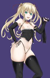  1girl asanagi_(style) black_panties black_thighhighs blonde_hair choker colored_eyelashes corset detached_sleeves dominatrix fangs female_focus flat_chest frilled_choker frills green_eyes hair_ribbon hand_on_own_hip highleg highleg_panties highres long_hair nail_polish navel nipples open_mouth original panties pink_nails purple_background ribbon siannsann side-tie_panties smile solo string_panties thighhighs twintails underwear very_long_hair whip wide_hips 