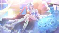  1girl absurdly_long_hair blue_eyes boots braid braided_ponytail breasts cosplay crop_top crossed_legs derpy_(kpop_demon_hunters) highres long_hair long_legs mercury_jc rumi_(kpop_demon_hunters) rumi_(kpop_demon_hunters)_(cosplay) rwby shirt short_shorts shorts sitting small_breasts throne very_long_hair weiss_schnee white_boots white_hair white_shirt white_shorts 