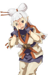  1girl blush brown_eyes covering_face embarrassed facial_mark forehead_mark hair_ornament hair_stick long_hair looking_at_viewer mdf_an nintendo paya_(zelda) peeking_through_fingers pointy_ears sheikah sidelocks simple_background solo the_legend_of_zelda the_legend_of_zelda:_breath_of_the_wild wavy_mouth white_background white_hair wrist_cuffs 
