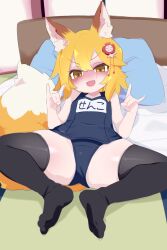  1girl \m/ animal_ears black_thighhighs blonde_hair blue_one-piece_swimsuit blush cameltoe collarbone commentary_request double-parted_bangs embarrassed fang flower_hairpin fox_ears fox_girl fox_tail full_body furrowed_brow hair_ornament head_rest highres indoors kukuchi581 looking_at_viewer lying nose_blush on_back one-piece_swimsuit open_mouth petite school_swimsuit senko_(sewayaki_kitsune_no_senko-san) sewayaki_kitsune_no_senko-san skindentation swimsuit tail thick_thighs thighhighs thighs translation_request v-shaped_eyebrows yellow_eyes  rating:Sensitive score:140 user:danbooru
