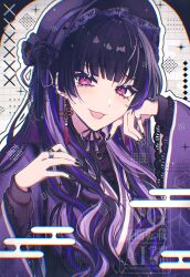  1girl :d absurdres ahoge black_choker black_hair black_nails black_shirt blunt_bangs bonnet choker chromatic_aberration commentary_request ear_piercing earrings egasumi eyelashes eyeshadow fingernails flower grey_background grid_background hair_flower hair_ornament hair_ribbon hands_up highres japanese_clothes jewelry kimono long_fingernails long_hair long_sleeves looking_at_viewer makeup meloco_kyoran multicolored_hair multiple_rings nail_polish nijisanji nijisanji_en o-ring o-ring_choker open_mouth outline piercing purple_bonnet purple_eyes purple_eyeshadow purple_flower purple_hair purple_kimono purple_ribbon raised_eyebrows ribbon ring sekka_(sekka1202) shirt smile solo spider_web_print streaked_hair tassel tassel_earrings turtleneck upper_body virtual_youtuber watermark white_outline wide_sleeves 