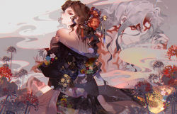  1boy adam&#039;s_apple barefoot black_kimono brown_hair extra_mouth eyelashes fingernails floral_print flower grey_hair hair_flower hair_ornament hair_stick japanese_clothes kawacy kibutsuji_muzan kimetsu_no_yaiba kimono kneeling long_hair long_sleeves looking_at_viewer looking_back male_focus nail_polish obi off_shoulder parted_lips profile projected_inset red_eyes sash seigaiha self_hug sharp_fingernails sharp_teeth smirk smoke spider_lily teeth trap wavy_hair  rating:Sensitive score:14 user:danbooru