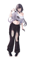 1girl absurdres alternate_costume baggy_pants black-framed_eyewear black_choker black_hair black_nails black_pants black_shoes breasts cellphone cellphone_charm charm_(object) choker cleavage clothing_cutout crop_top dimazu fishnet_pantyhose fishnets full_body highres holding holding_phone hololive hololive_english jewelry long_hair looking_at_viewer multicolored_hair navel pants pantyhose phone print_shirt ring shiori_novella shirt shoes single_off_shoulder smartphone solo split-color_hair straight-on thigh_cutout torn_clothes torn_pants virtual_youtuber w white_hair white_shirt wristband yellow_eyes yorick_(shiori_novella) 