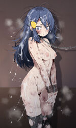  1girl after_vaginal aftersex bdsm black_collar black_thighhighs blue_eyes blue_hair blush bondage bound bound_wrists breasts bruise bruise_on_arm bruise_on_face bruise_on_leg bruise_on_stomach bukkake chain chain_leash chained closed_mouth collar cuffs cum cum_in_pussy cum_on_body cum_on_breasts cum_on_hair cum_on_legs cum_on_upper_body cumdrip dawn_(pokemon) dirty facial hair_between_eyes hair_ornament hairclip handcuffs hetero highres injury leash long_hair looking_to_the_side messy_hair nintendo nipples pokemon pokemon_dppt pussy restrained scratches shackles slave solo standing tears thighhighs torn_clothes torn_thighhighs tsukishiro_saika 