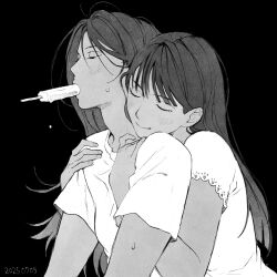  2girls black_background blunt_bangs blush breasts closed_eyes closed_mouth dated food food_in_mouth hair_behind_ear hair_between_eyes half-closed_eyes hand_on_another&#039;s_shoulder hayashi_kiu highres hug hug_from_behind long_hair looking_ahead melting_popsicle messy_hair monochrome multiple_girls original popsicle popsicle_in_mouth shirt short_sleeves small_breasts smile straight_hair sweat t-shirt upper_body yuri 