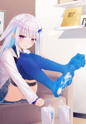 1girl ass blue_hair blue_skirt blue_theme blue_thighhighs blunt_bangs blush boots closed_mouth couch cum cum_on_body cum_on_clothes cum_on_feet cumdrip feet foot_focus full_body hair_ornament hand_on_own_leg highres indoors jacket knee_boots knees_to_chest knees_together_feet_apart kou_futoshi legs light_purple_hair lize_helesta lize_helesta_(1st_costume) long_sleeves looking_at_viewer miniskirt multicolored_hair nijisanji no_shoes pleated_skirt purple_eyes sitting skirt smell soles solo spread_toes steaming_body streaked_hair thighhighs thighs toes torn_clothes torn_thighhighs unworn_boots virtual_youtuber white_boots white_jacket youtube_logo rating:Explicit score:105 user:danbooru