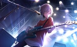  1girl amplifier black_pants bracelet closed_eyes colorful_palette don&#039;t_lose_faith!_(project_sekai) game_cg grey_hair guitar highres hinomori_shiho instrument jewelry microphone official_art pants project_sekai red_shirt shirt short_hair solo spotlight stage third-party_source u_u 