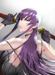  1girl blue_eyes breasts busujima_saeko closed_mouth fei_(maidoll) female_focus highres highschool_of_the_dead katana large_breasts purple_hair sword weapon 