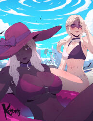  3girls beach black_skin blue_sky breasts colored_skin dark-skinned_female dark_skin duchess_(elden_ring) elden_ring elden_ring_nightreign eye_mask hammer highres holding holding_hammer huge_breasts koyorin large_hat mask multiple_girls ponytail recluse_(elden_ring) revenant_(elden_ring) see-through_clothes see-through_mask sky toned toned_female very_dark_skin white_hair yuri  rating:Sensitive score:21 user:danbooru